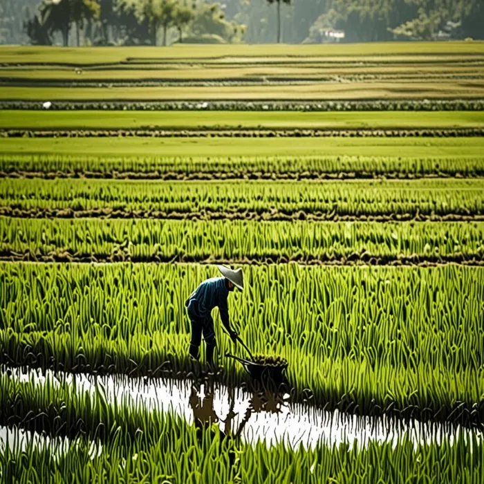 Cấy lúa trên cánh đồng