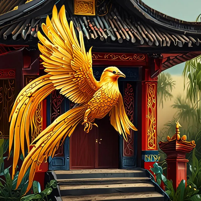 Golden bird flies into the house