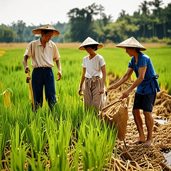 Gặt lúa chín cùng gia đình