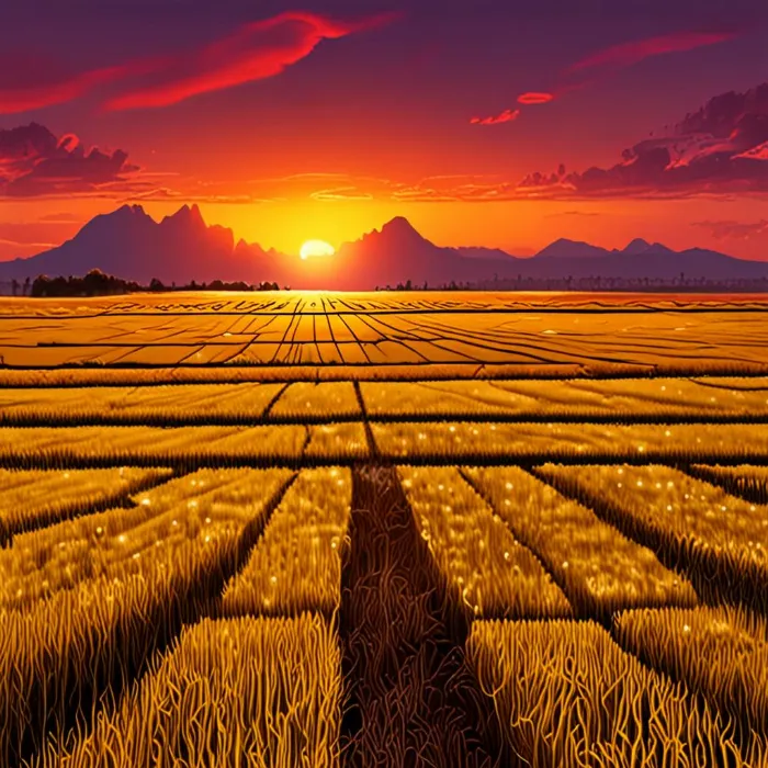 Sunset on a ripe rice field