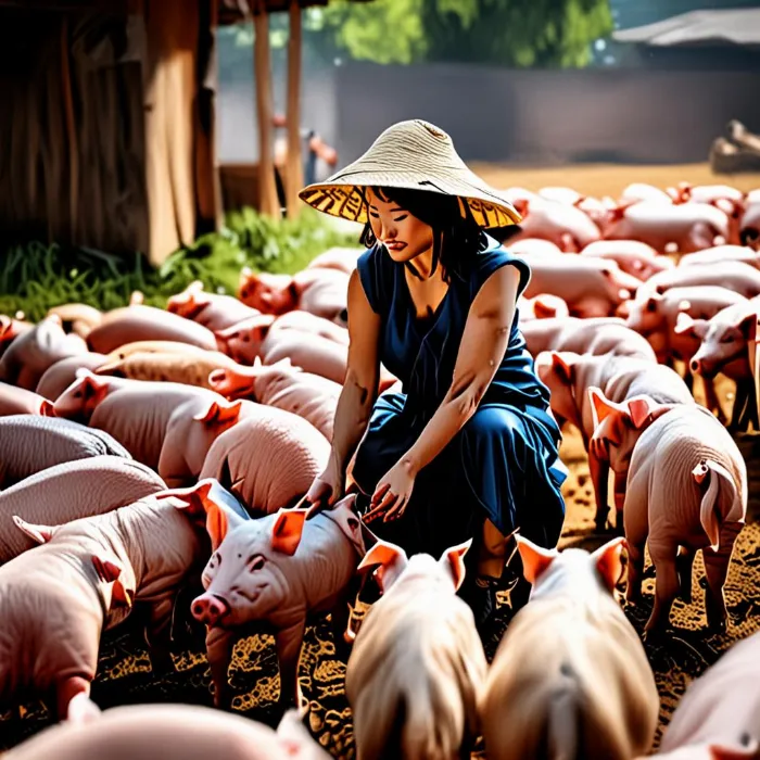 Người phụ nữ đang cho heo ăn