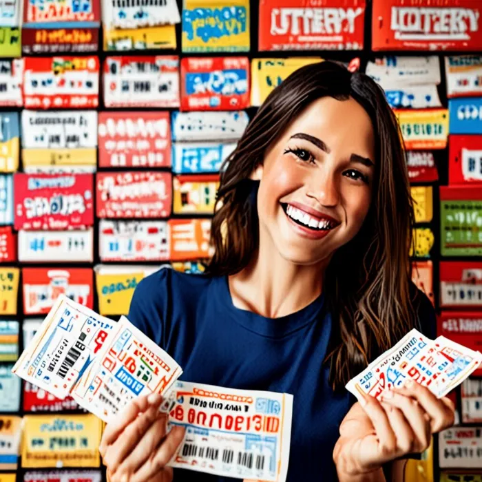 a woman smiling and holding lottery tickets