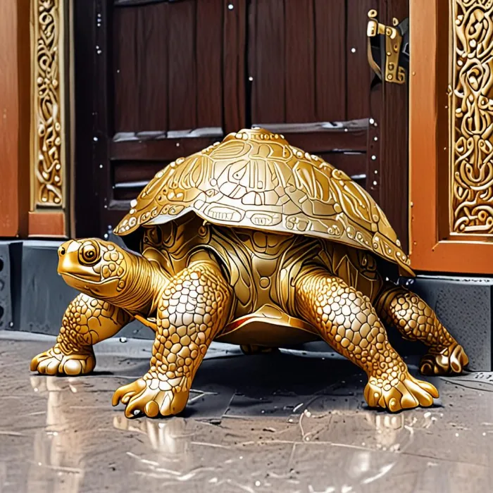 Golden turtle crawling into the house