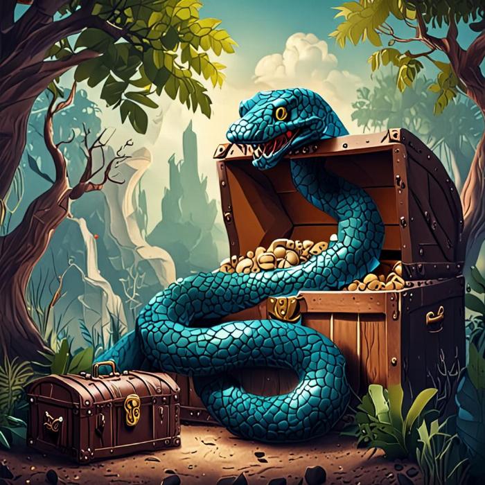 A dream scene with a giant snake coiled around a treasure chest, with gold coins spilling out. The background is dark and mysterious.