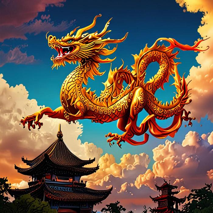 A golden dragon flying in the sky above a majestic mountain range with clouds.